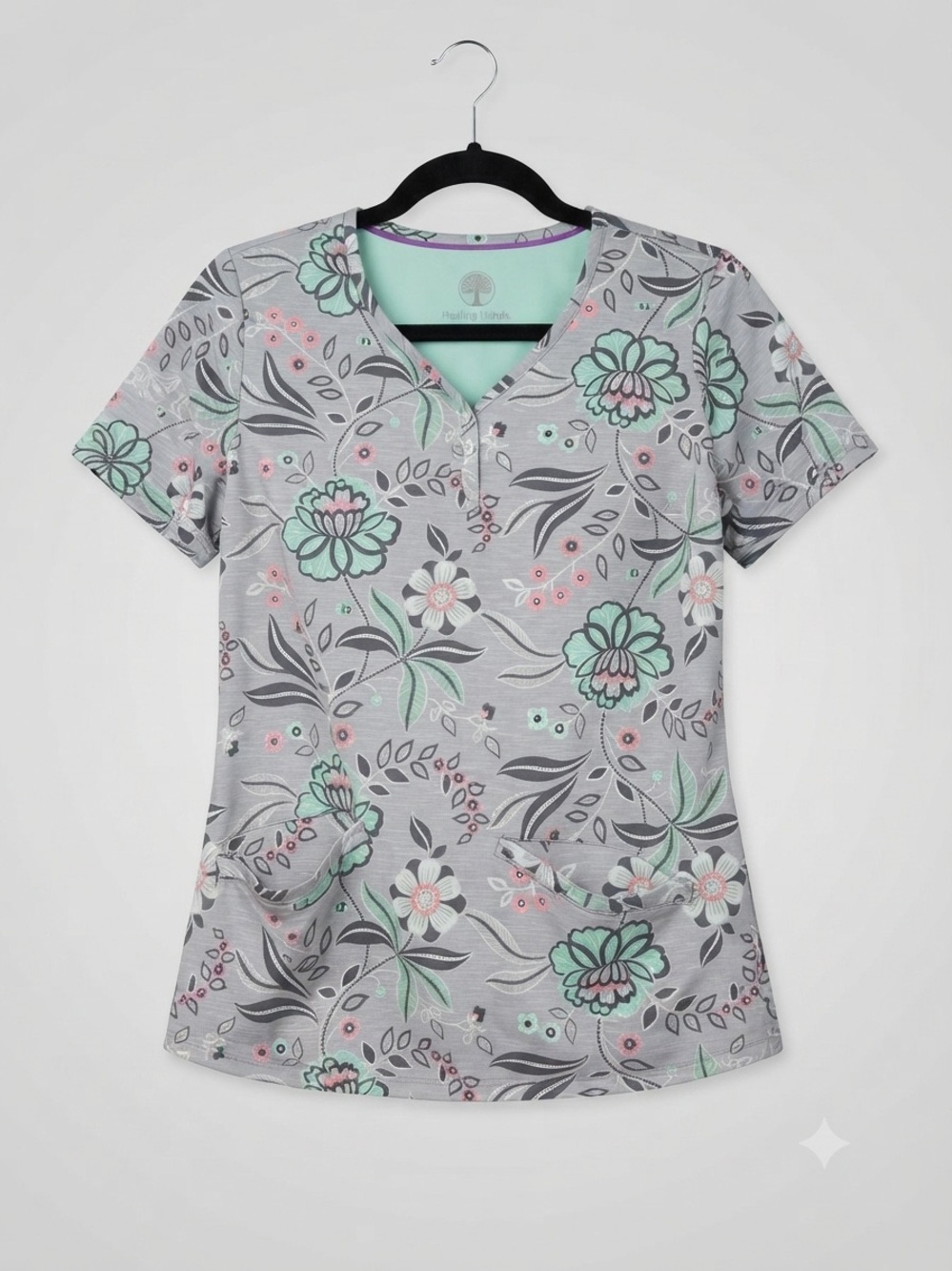 healing hands Gray Floral V-Neck Scrub Top with Mint and Pink Accents size small